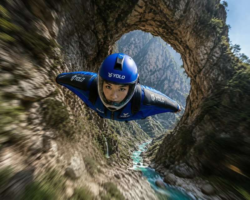Wingsuit flier in blue protective gear glides through a natural rock arch, motion blur highlighting high speed above a mou...