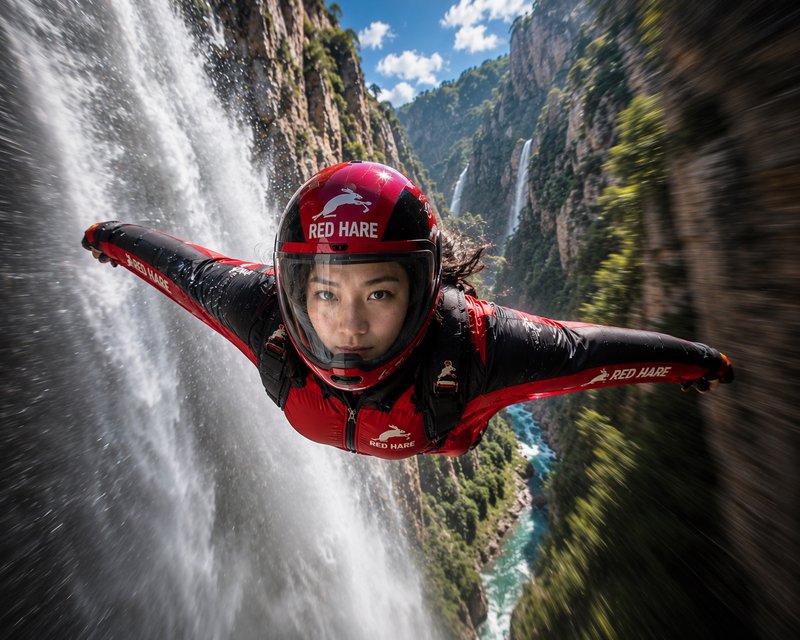 Female wingsuit flyer in a red branded helmet soars mid-flight past a cascading waterfall in a steep rocky mountain canyon.