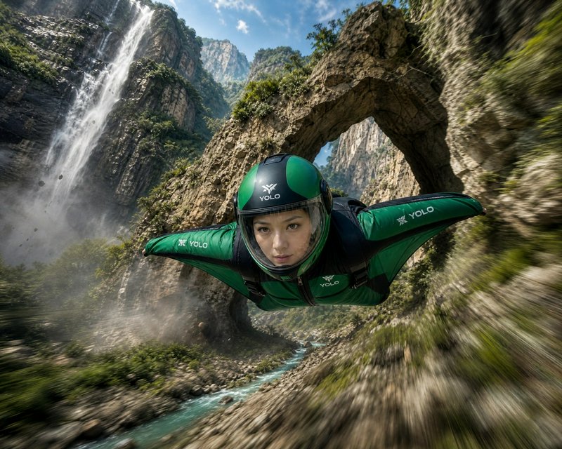 Female wingsuit pilot glides at speed through a natural rock arch above a mountain valley with a cascading waterfall