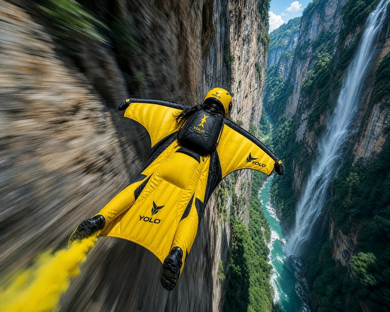Wingsuit flyer in bright yellow suit glides close to rocky canyon cliff beside a tall cascading waterfall.