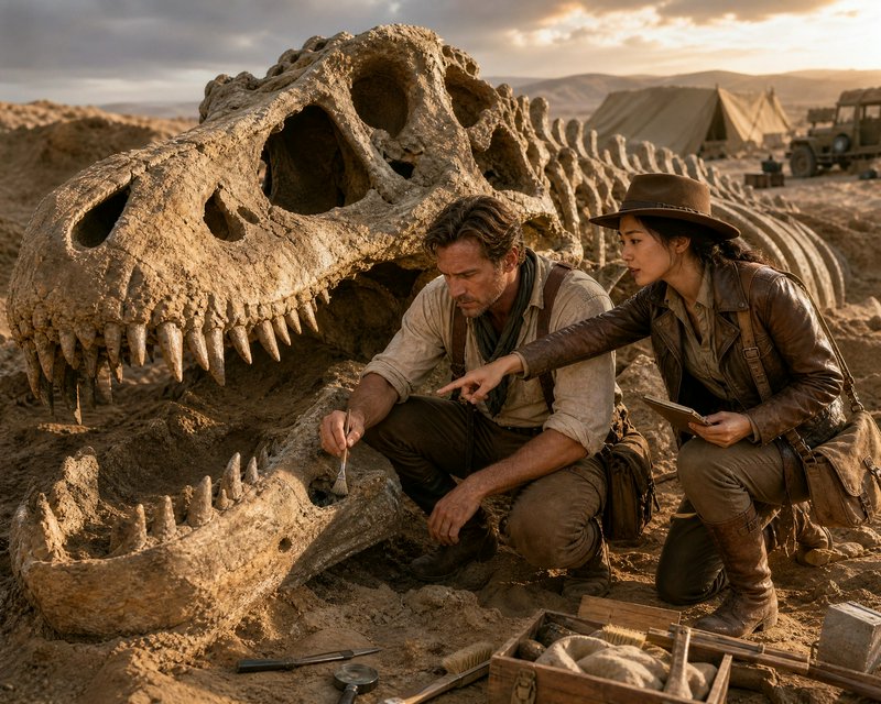Two paleontologists excavate a massive Tyrannosaurus rex fossil skeleton at a sunlit desert archaeological dig site.