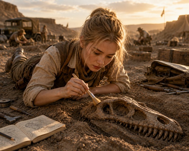Young female paleontologist brushes exposed dinosaur skull fossil at a sunlit desert excavation site during golden sunset
