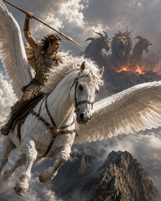 [Warrior rides winged white Pegasus holding a raised spear, facing a fiery three-headed Chimera above stormy mountain peaks]
