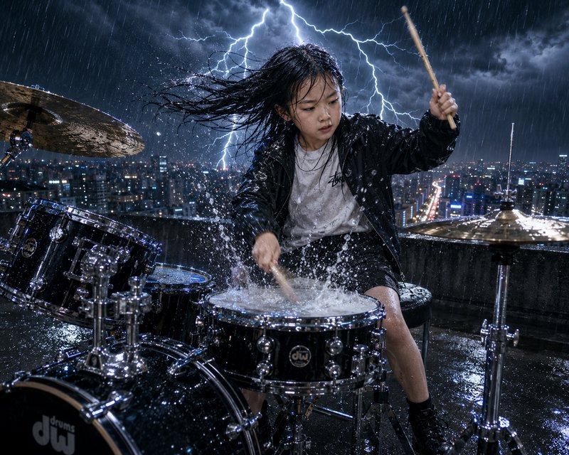 Young girl drummer plays a drum kit on a rainy rooftop, with lightning storm and lit city skyline behind her, water splash...
