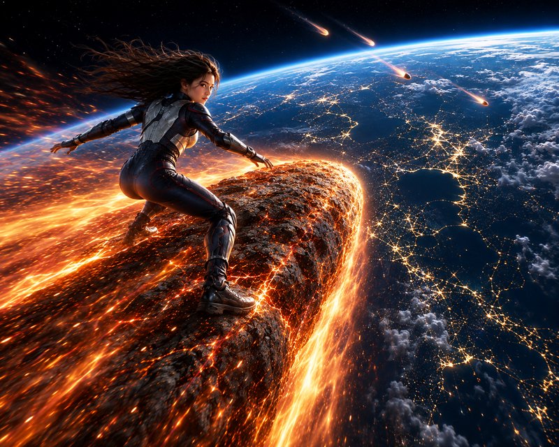 [Futuristic female superhero crouches on a burning meteor streaking above Earth, with meteors crossing outer space.]
