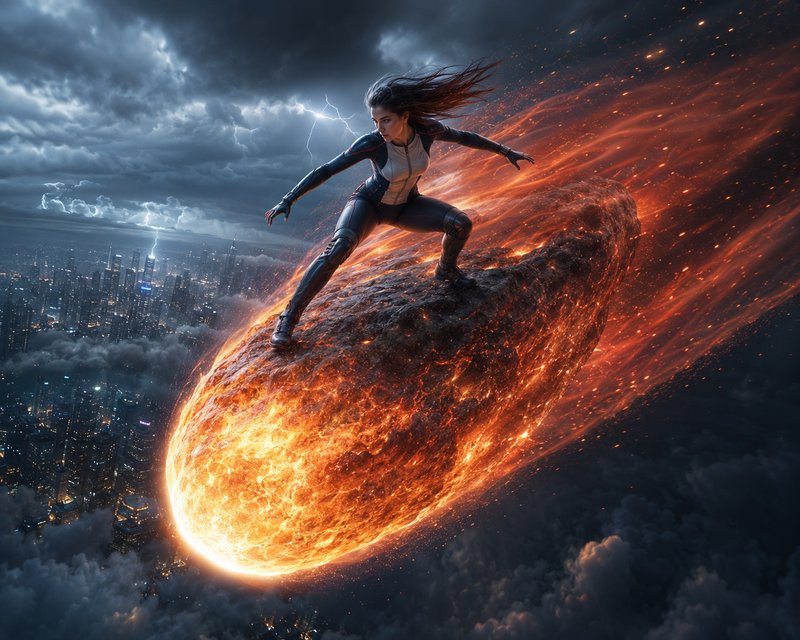 Female superhero balances on a flaming incoming meteor soaring over a stormy nighttime city skyline