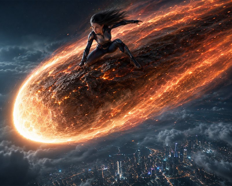 Female superhero in an armored tactical suit crouches atop a blazing incoming meteor streaking above a glowing night city ...
