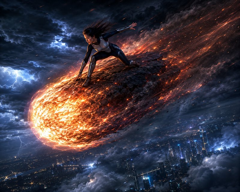 Female armored superhero balances on a flaming incoming meteor above a stormy futuristic city with lightning.