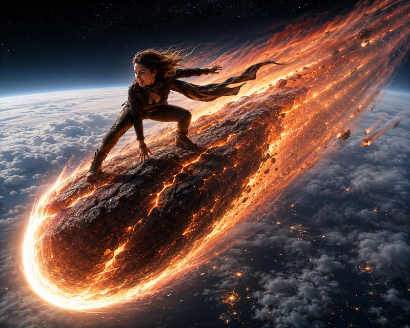 Woman dynamically balances surfing on a burning molten meteor streaking above Earth's cloud cover in outer space.