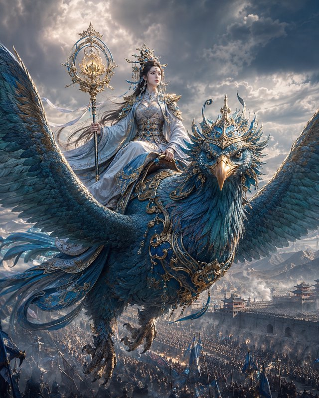 Regal xianxia empress holding an ornate magical staff rides a bejeweled giant blue phoenix above an ancient walled imperia...