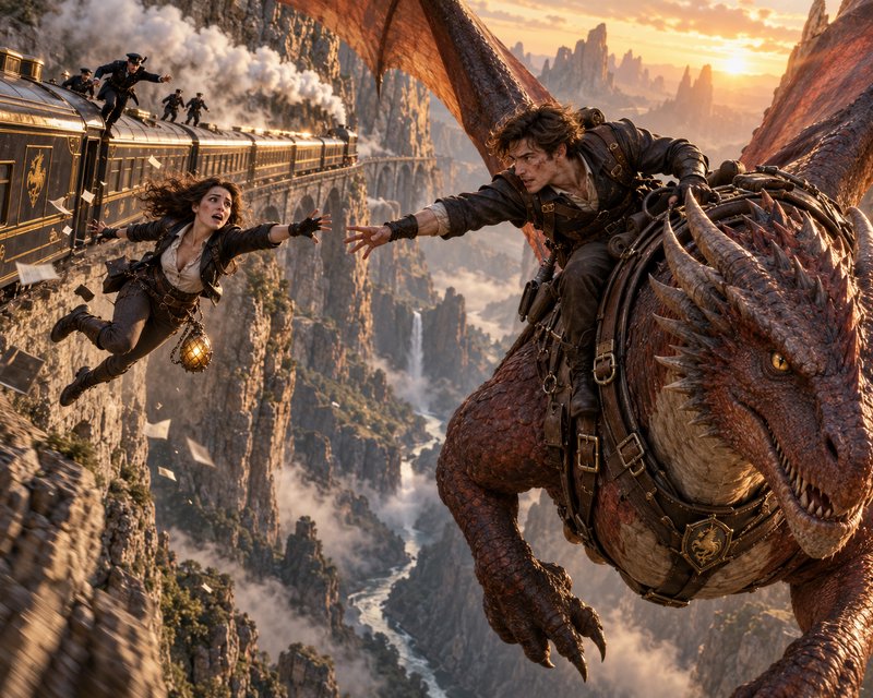 Man riding a spiked red dragon reaches to catch a woman falling from a steam train above a mountain gorge at sunset