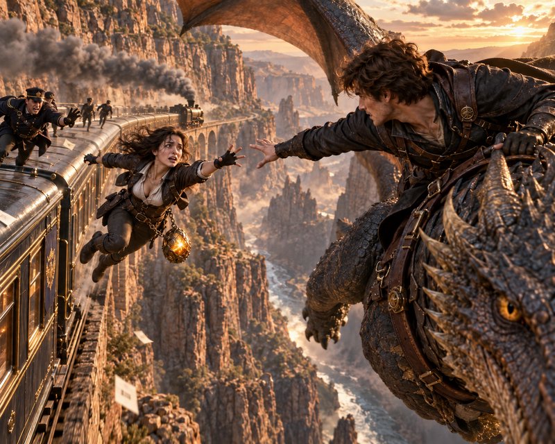 Steampunk rescue scene: woman leaps from moving steam train to man reaching from dragon mid-air over a rocky canyon at sunset