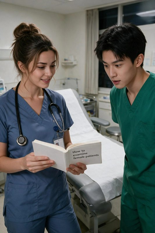 Female nurse in blue scrubs holds a medical training book while reviewing it with a male colleagu...