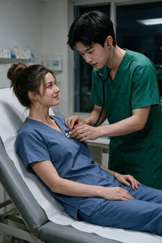 Male doctor in green scrubs uses stethoscope to examine smiling female patient seated on a clinic...