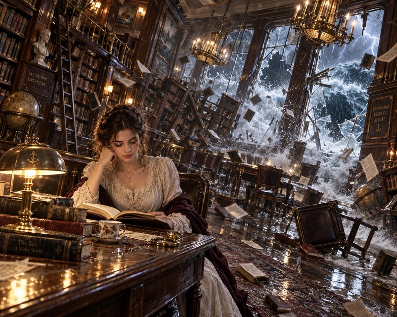 Serene Victorian woman reads calmly at a desk as a storm surge crashes through a grand library's ...
