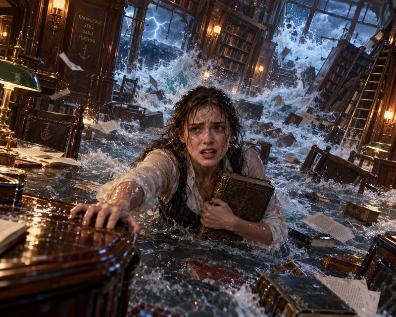 Distressed soaked woman clutching an antique book struggles through floodwater in a sinking ship ...