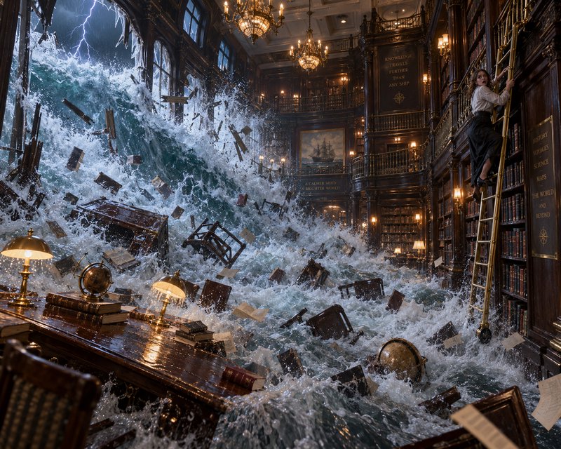 Surreal fantasy scene of a massive tidal wave flooding an ornate vintage library, a woman clings ...