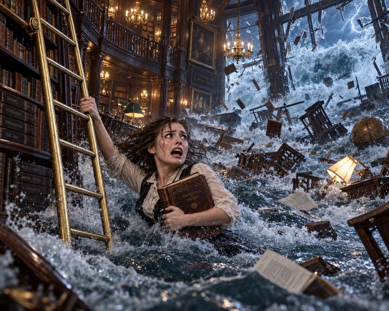 Panicked woman clutching a book clings to a rolling ladder as floodwaters surge through a grand h...