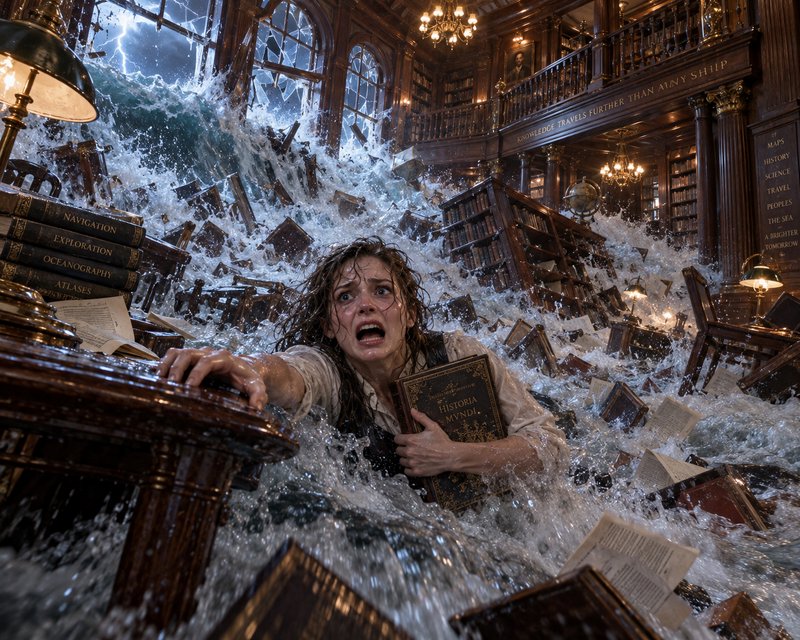 Terrified wet woman clutches an antique book and reaches for a desk as floodwaters surge through ...