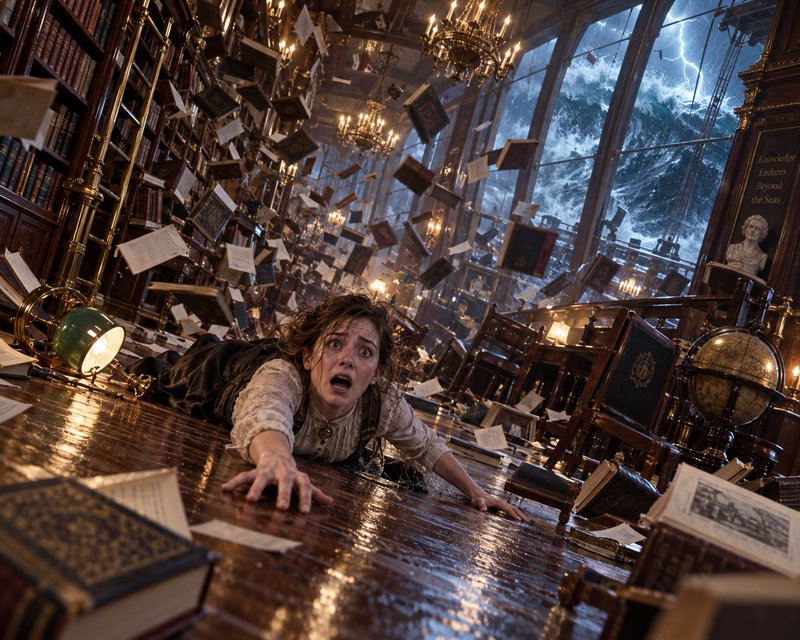 Terrified woman crawls across a water-soaked tilted ship library as books float, storm waves cras...