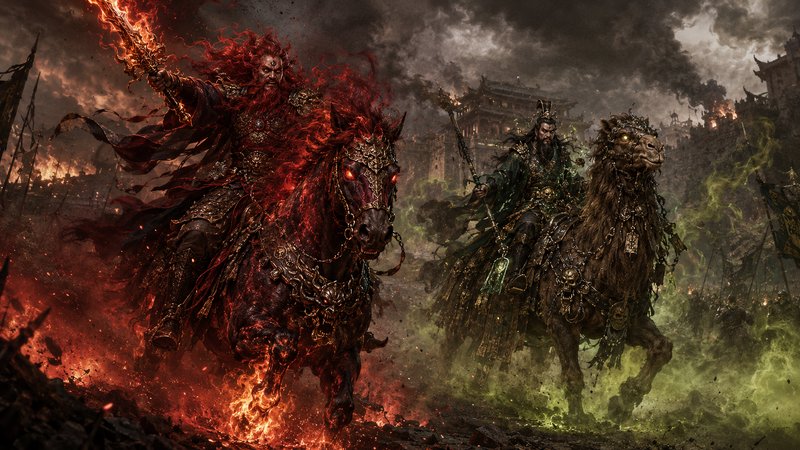 Two armored mythical warrior generals charge across a burning battlefield, one on a flaming red h...