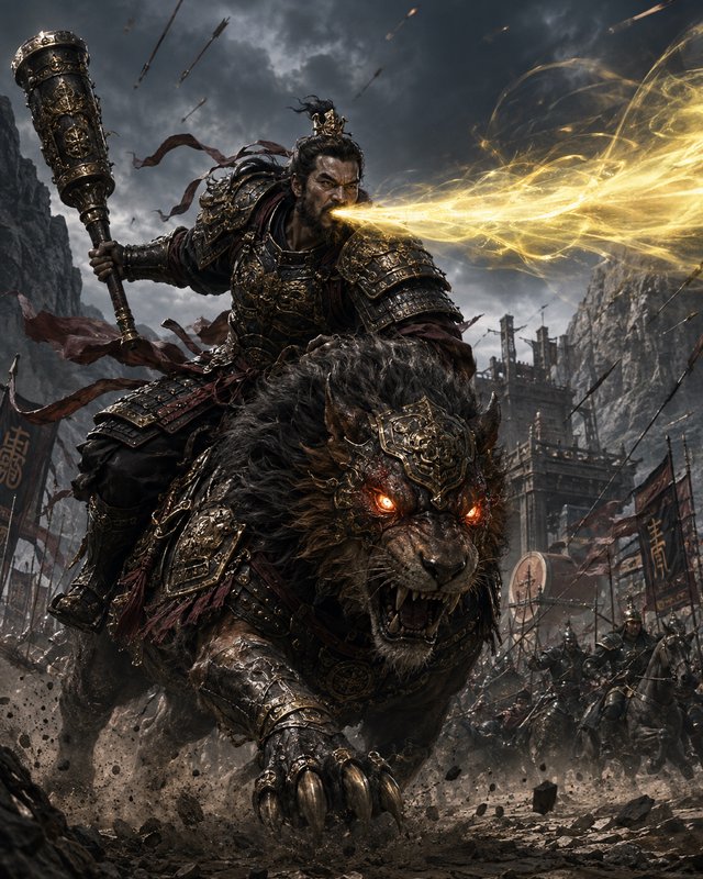 Armored mythic warrior breathes golden magic while riding an armored battle lion charging into a ...