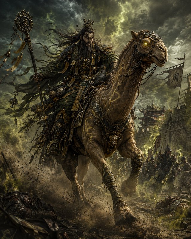 Menacing ancient Chinese plague deity rides an armored glowing camel across a chaotic storm-shrou...