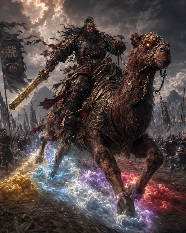 Fierce bearded fantasy warlord in gilded armor charges on a glowing-eyed armored camel, wielding ...