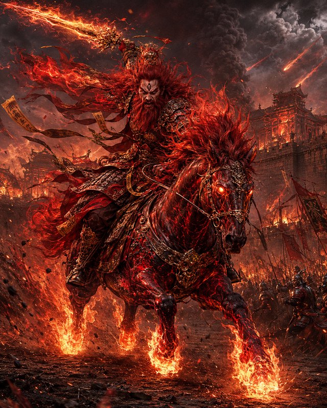 Fearsome fiery mythical warrior rides a flaming war horse, wielding a fire sword amid a burning a...
