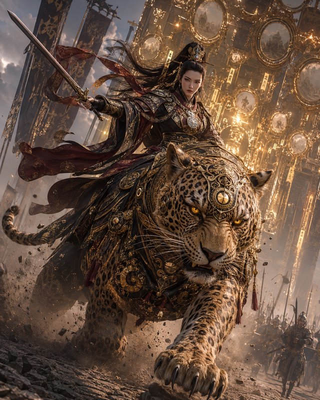 Powerful fantasy empress in gilded armor rides an ornate battle leopard, holding a drawn sword on...