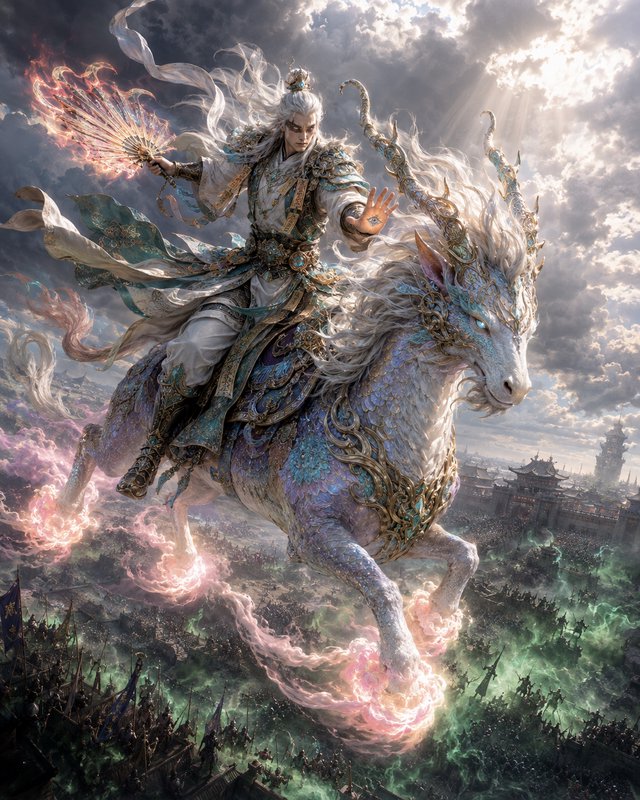 White-haired celestial fantasy warrior rides an ornate glowing qilin above a battlefield, wieldin...