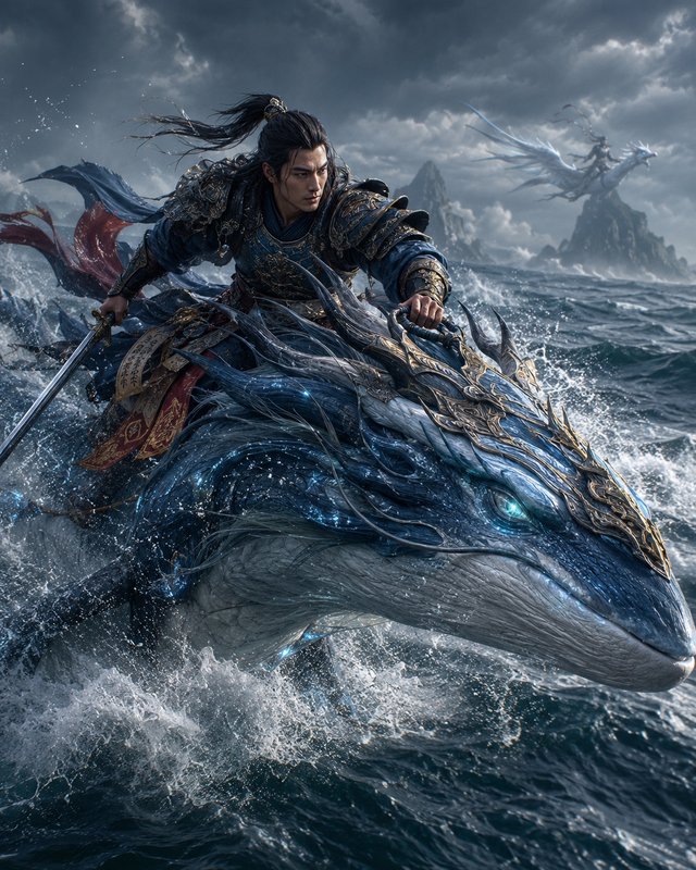 Wuxia fantasy warrior in ornate armor rides a glowing blue mythical sea beast across churning sto...