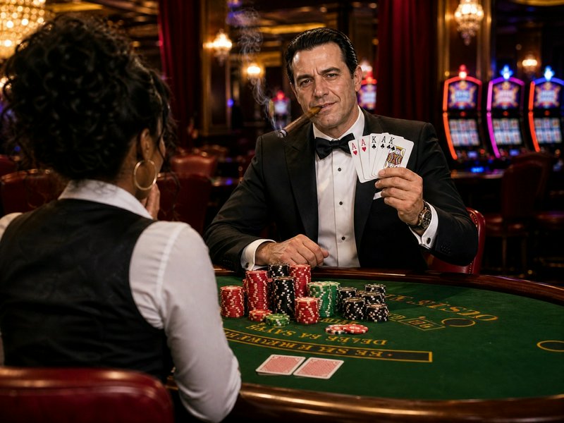 Well-dressed gambler in a tuxedo holds a winning full house poker hand across from a casino deale...