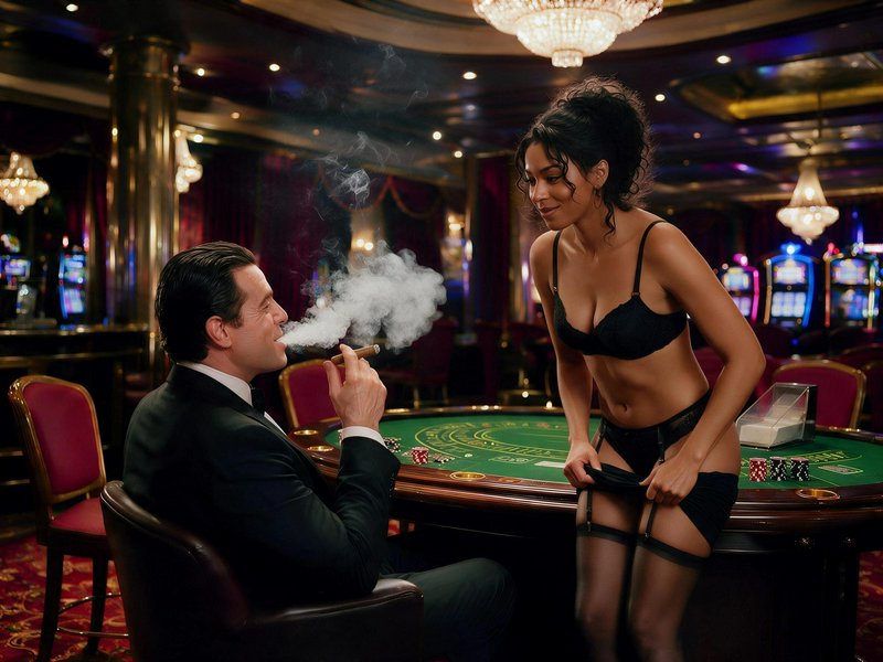 Man in tuxedo smoking cigar at luxury casino blackjack table, smiling woman in lingerie leans acr...