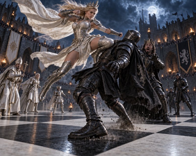 Fierce armored warrior queen delivers a flying kick to a dark knight as shocked royal onlookers w...