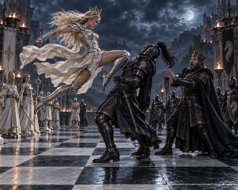 Armored blonde fantasy queen leaps mid-air kicking a knight, as a shocked king watches in a moonl...