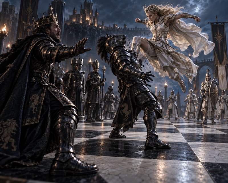 Crowned fantasy warrior queen leaps to strike an armored knight as a shocked king watches on a ca...