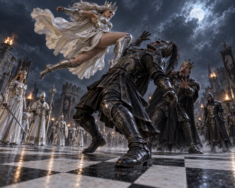 Fierce crowned silver-armored queen leaps to kick a dark armored knight on a giant chessboard cas...