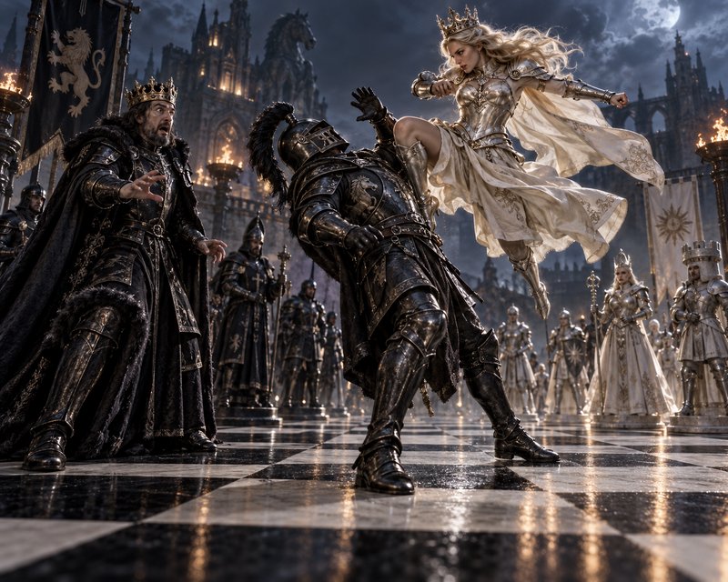 Crowned warrior queen in silver armor kicks a black knight as a shocked king watches in a moonlit...
