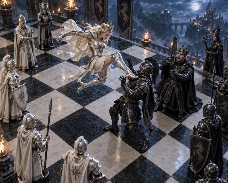 Armored crowned fantasy queen leaps to kick a knight, surrounded by shocked royal guards on a che...
