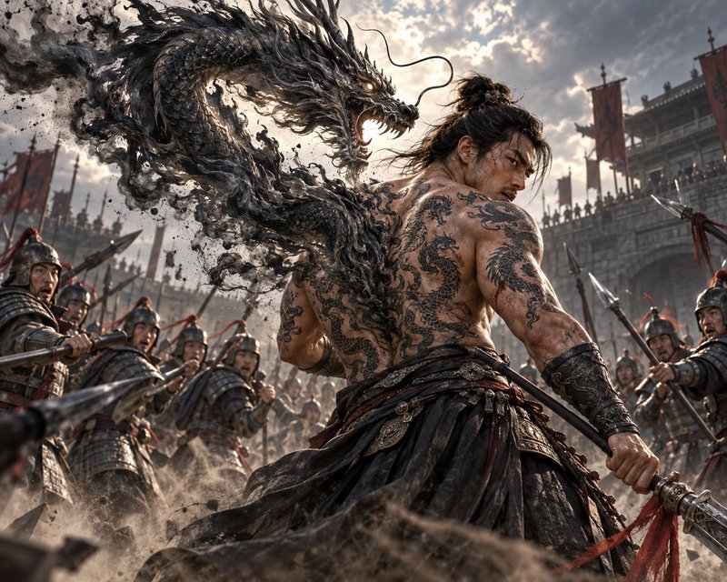 Muscular dragon-tattooed ancient warrior conjures a smoky eastern dragon, standing against armore...