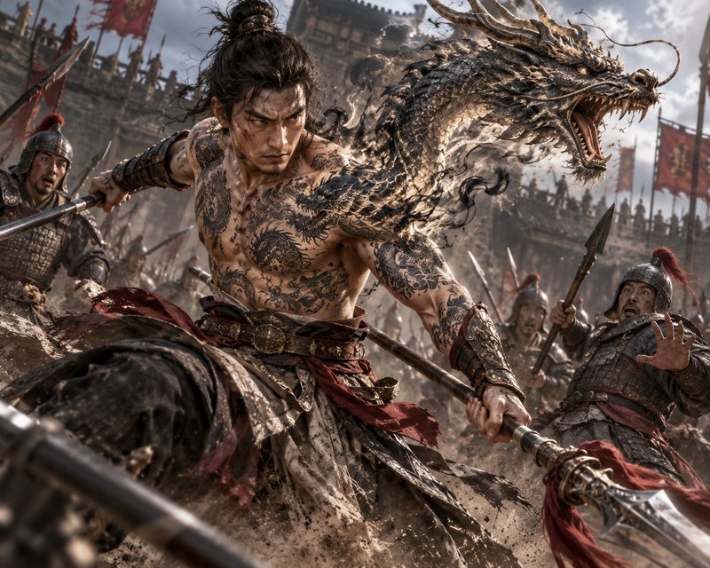 Shirtless tattooed ancient warrior manifests an ethereal dragon mid-battle against soldiers at a ...