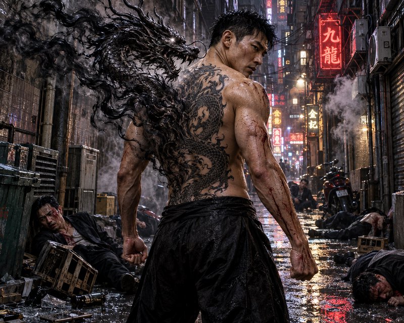 Shirtless muscular fighter with full back dragon tattoo, spectral shadow dragon rising from his s...