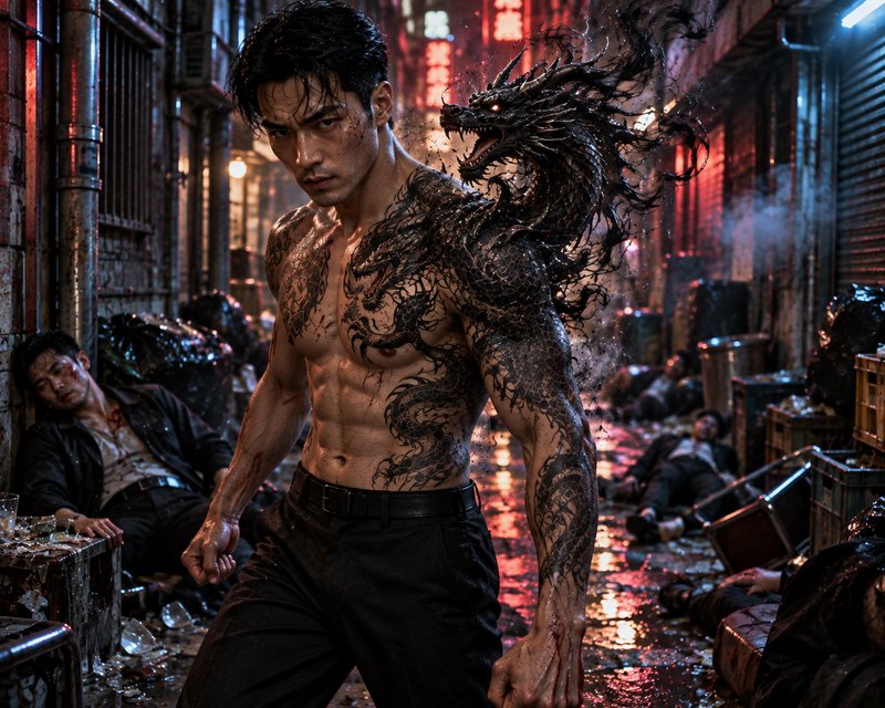 Muscular East Asian man with a manifesting dragon spirit tattoo stands in a rainy neon Chinatown ...