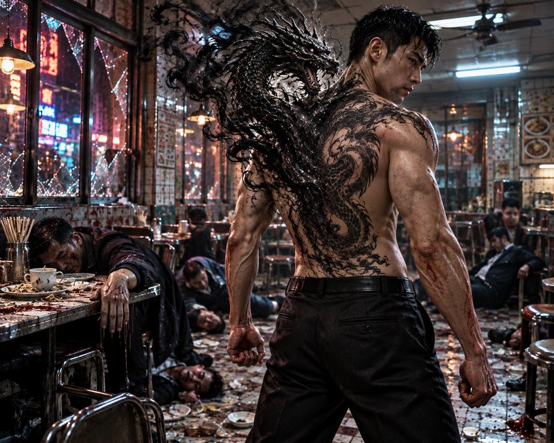 Muscular shirtless man with full back dragon tattoo manifests a spirit dragon in a chaotic post-b...