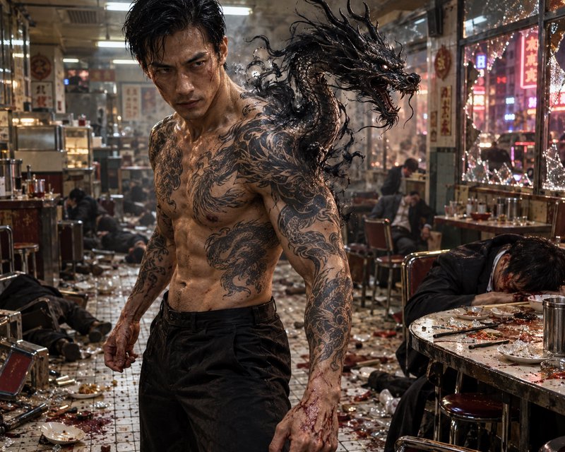 Shirtless tattooed East Asian man with a spectral ink dragon emerging from his shoulder stands in...