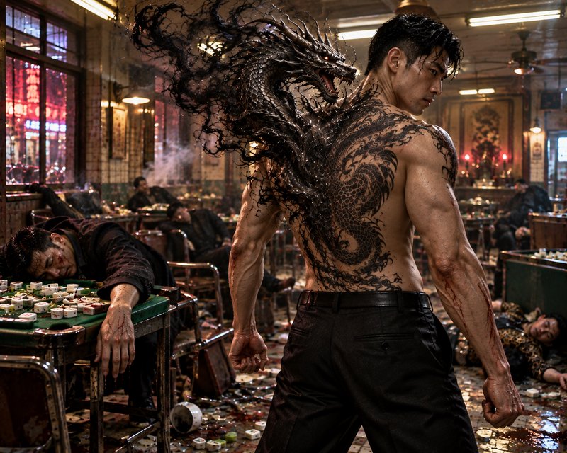Muscular shirtless man with a living black dragon back tattoo stands victorious in a fight-ravage...