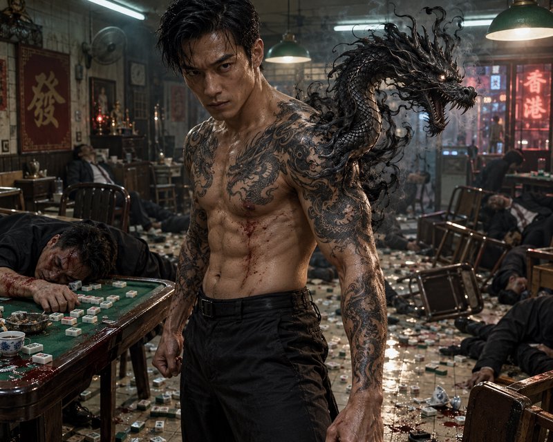 Shirtless muscular tattooed East Asian man with a manifesting supernatural dragon stands in a wre...