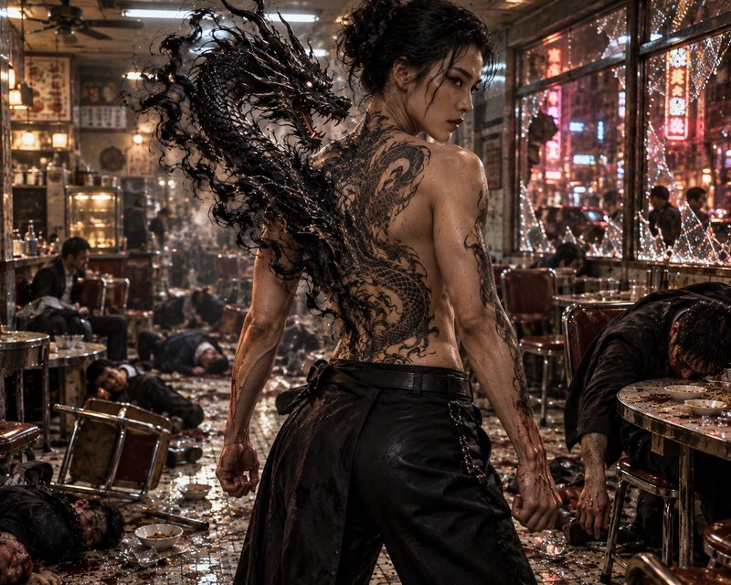 Muscular woman with full back dragon tattoo, spectral shadow dragon, stands triumphant in wrecked...