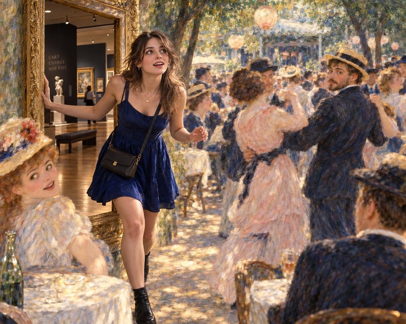 Surreal composite of a modern woman stepping from an art gallery into a Renoir-style Impressionis...